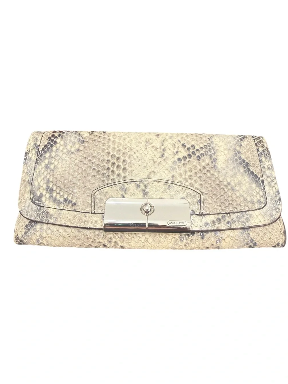 COACH Cream Snakeskin-Pattern Leather Clutch with Silver Hardware